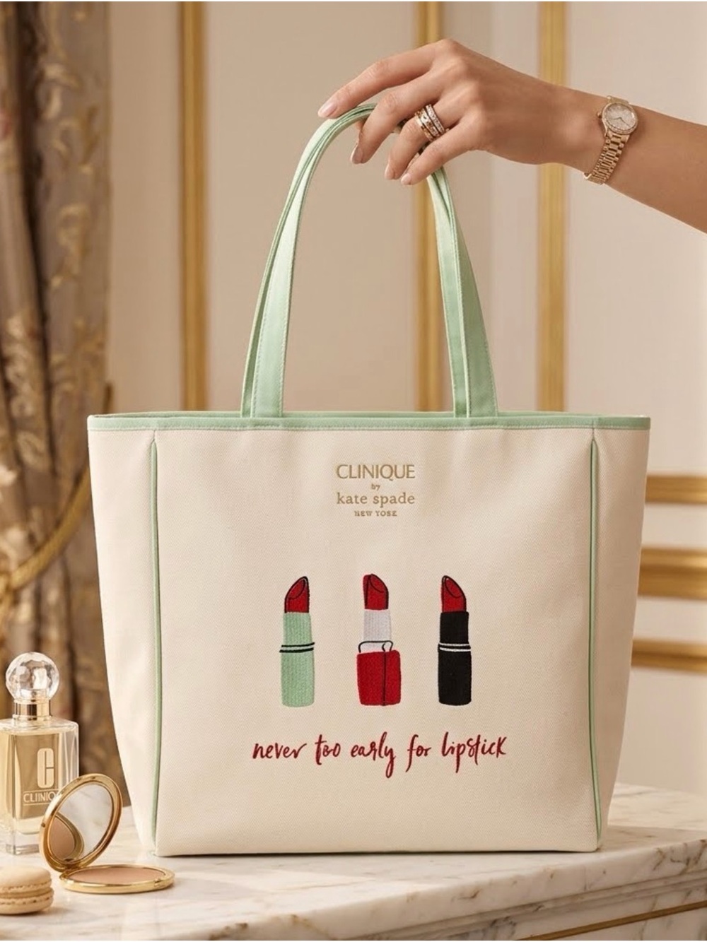 Clinique x Kate Spade Cream & Mint Lipstick Tote